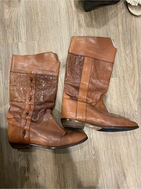 Brown Leather Mid-Calf Boots with Textured Panel